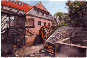 Das Bild zeigt die alte Wassermühle in Friesoythe mit dem Wasserrad und der Wasserschnecke&nbsp;&copy;&nbsp;Stadt Friesoythe