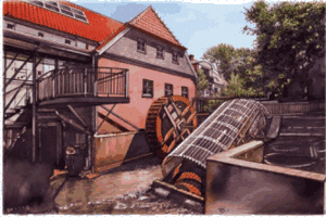 Das Bild zeigt die alte Wassermühle in Friesoythe mit dem Wasserrad und der Wasserschnecke © Stadt Friesoythe