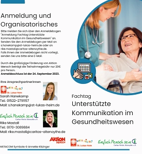 Caritas Fachtag "Unterstützte Kommunikation im Gesundheitswesen" Am 9.10.2023 findet im Forum am Hansaplatz ein Fachtag der Caritas Altenoythe statt. © Caritas Altenoythe